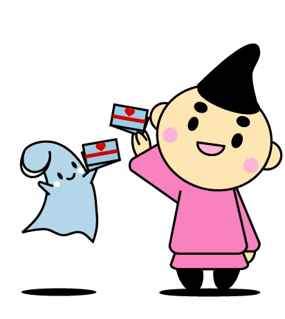 えぼし麻呂とミーナが安心カードを持っている。
