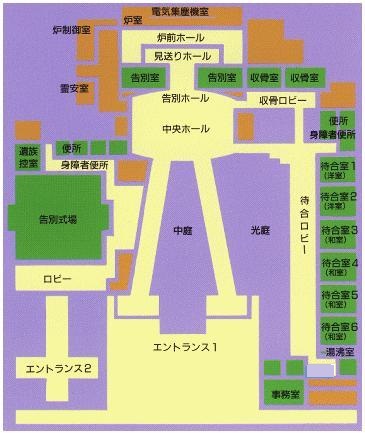 エントランスは北側、告別式場は東側、待合ロビー・待合室は西側、告別室・炉前ホール・見送りホール・収骨室は南側