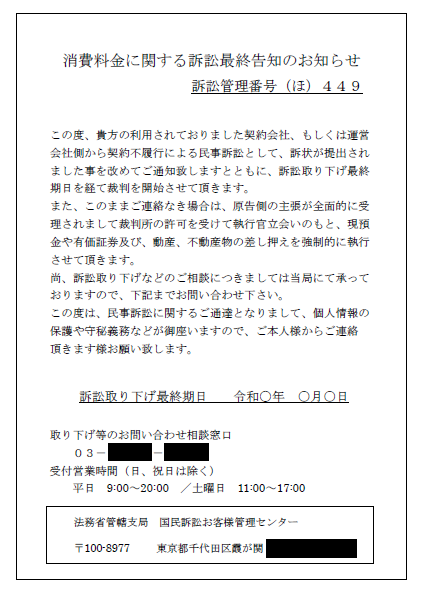 「消費料金に関する訴訟最終告知のお知らせ」のハガキ