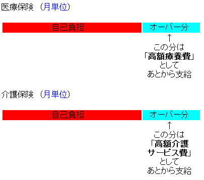 医療保険を基準額を上回って利用した場合は差額分を高額療養費として支給し、介護保険の基準費用額をオーバーして利用した場合は差額分を高額介護サービス費として支給します。