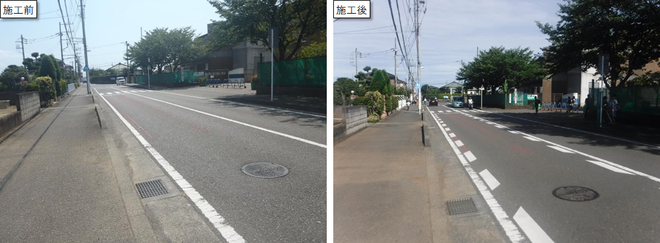 左側が施工前の写真、右側が施工後の写真。施工後には、横断歩道の手前にドット線の路面標示が設置された。