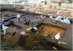 奈良時代の竪穴住居の調査風景