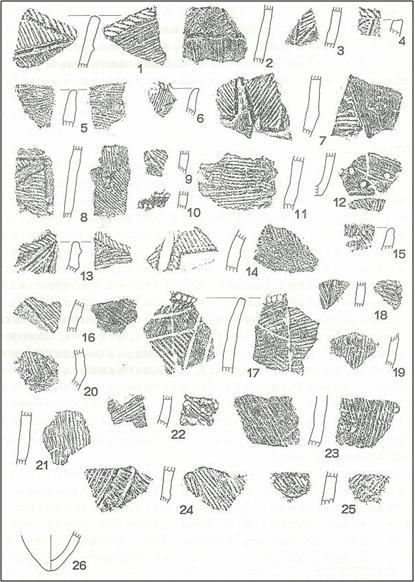 炉穴群に関係する石器類（石皿・たたき石・すり石）（26は尖り底土器の底部断面）