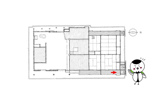 【図3】和田家の平面図。便所は家屋北東と北西に2ヵ所ある。図2の写真は、北東の便所で、大便器と小便器があった。