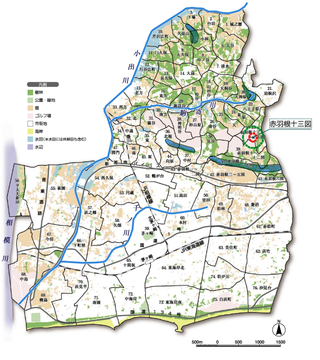 赤羽根字十三図周辺特別緑地保全地区と周辺地図