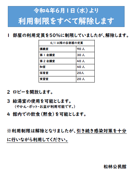 6月1日（水曜日）より利用制限をすべて解除します。