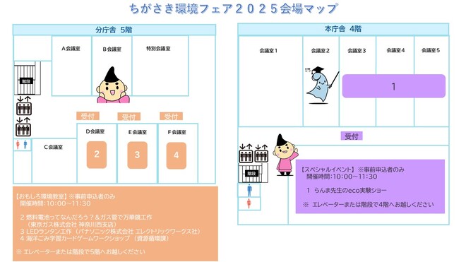 環境フェア2025会場マップ（本庁舎4階・分庁舎5階）