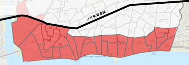津波浸水想定区域を含む字・丁目のうち、JR東海道線以南の地域