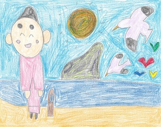 『茅ケ崎の海とえぼしまろ』 ナオヤマンさん　【作品コンセプト・PR】 ぼくは毎日茅ケ崎にお仕事をするために通っています。 お仕事の中でも絵を描くお仕事が大好きです。 ぼくは自分が描いた絵をいろんな人に見てもらえると、とてもうれしいです。