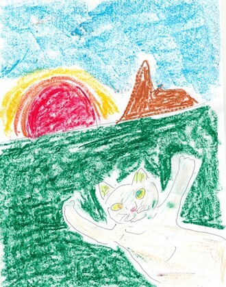 『私と海』 エフライムの酔いどれ（えふらいむのよいどれ）さん　【作品コンセプト・PR】 私は猫が好きでいつも猫の絵を描いていますSNSにも上げてます太陽と、海とをイメージして描きました猫の絵は二万近くて、イラスト画集もできればだすつもりです。