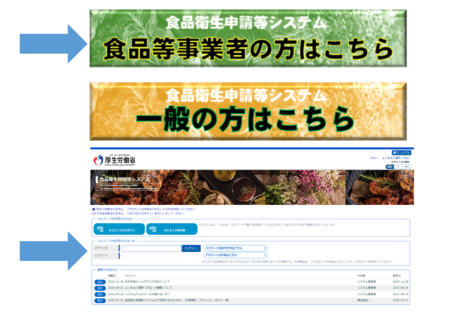 食品衛生申請等システムにログインします。