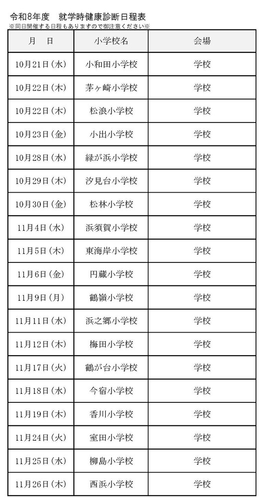 令和8年度就学時健康診断日程表(日付順)